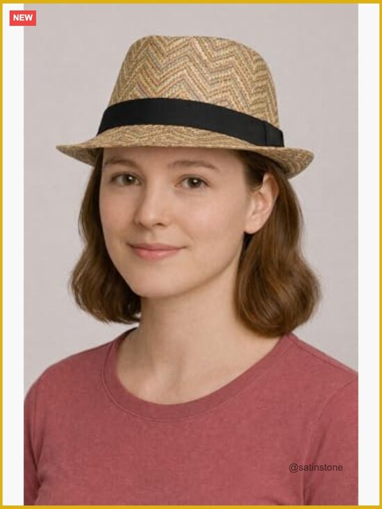 Bohemian Straw Fedora Hat with Chevron Pattern - One Size Fits Most